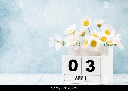 Calendario cubo bianco per aprile decorato con fiori margherita sopra sfondo blu con spazio per la copia Foto Stock