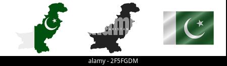 Pakistan. Mappa con bandiera mascherata. Silhouette dettagliata. Bandiera ondulata. Illustrazione vettoriale isolata in bianco. Illustrazione Vettoriale