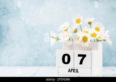 Calendario cubo bianco per aprile decorato con fiori margherita sopra sfondo blu con spazio per la copia Foto Stock