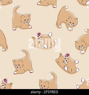 Gatti modello senza giunture. Divertenti gattini cartoon in diverse pose su sfondo di colore beige. Immagine vettoriale disegnata a mano in stile piatto, paletto pastello Illustrazione Vettoriale