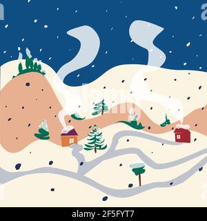 Inverno neve colline casa strada natura paesaggio illustrazione vettore. Piatto, semplice, cartone animato. Illustrazione Vettoriale