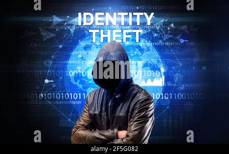 Hacker senza volto al lavoro, concetto di sicurezza Foto Stock