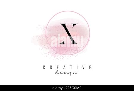 Design con logo x letter con cornice rotonda scintillante e sfondo rosa acquerello. Illustrazione vettoriale creativa con gocce d'acqua. Illustrazione Vettoriale