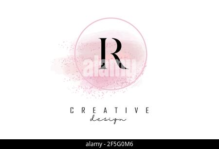 Design con logo R letter con cornice rotonda scintillante e sfondo rosa acquerello. Illustrazione vettoriale creativa con gocce d'acqua. Illustrazione Vettoriale