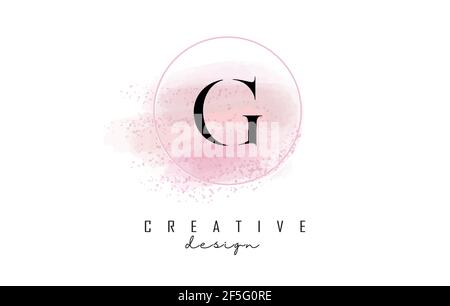 Logo G letter con cornice rotonda e sfondo rosa acquerello. Illustrazione vettoriale creativa con gocce d'acqua. Illustrazione Vettoriale