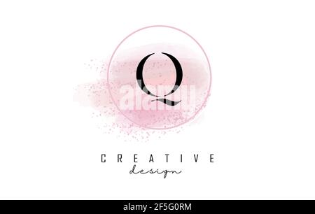 Q con logo lettera con cornice rotonda e sfondo rosa acquerello. Illustrazione vettoriale creativa con gocce d'acqua. Illustrazione Vettoriale