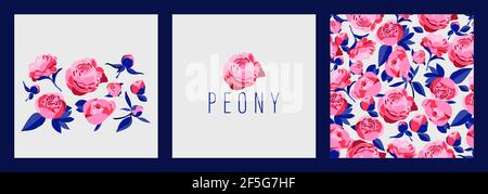 Set di elementi floreali decorativi. Peony o rosa su sfondo bianco. Vettore mano disegno fiori, boccioli, foglie. Ideale per decorazioni e matrimoni Illustrazione Vettoriale