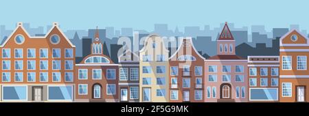 Città europea - vecchie case colorate, negozi e fabbriche nel tradizionale stile olandese della città. L'illustrazione vettoriale in uno stile piatto è adatta come una bann Illustrazione Vettoriale