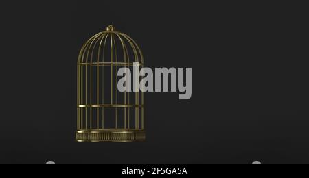 Gabbia oro in vista frontale su sfondo nero metallo vintage stile carcere simbolo di libertà e rilascio, e la chiusura scuro profondo, , illustrazione 3D Foto Stock