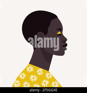 Giovane donna africana con capelli corti. Ritratto di bella donna africana. Ritratto femminile astratto, faccia intera. Illustrazione vettoriale del magazzino in stile piatto Illustrazione Vettoriale