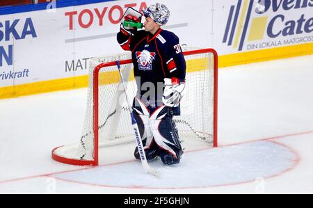 Fredrik Norrena, portiere della squadra di hockey di Linköping, Linköping HC, LHC, Linköping. Foto Stock