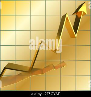 Un'immagine astratta di sfondo della freccia della linea di tendenza verso l'alto 3D dorata. Foto Stock