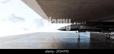 Jet fighter in una base di guerra militare segreta e concreta pronta a prendere 3D rendering, illustrazione 3D Foto Stock