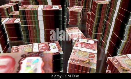 Illustrazione 3d del Money Pack del New Zealand Dollar. 100 pile di banconote NZD. Concetto di finanza, contanti, crisi economica, successo di affari, recessione, Foto Stock