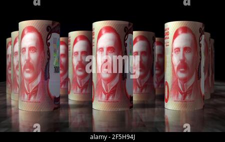 Illustrazione 3d del Money Pack del New Zealand Dollar. 100 pile di banconote NZD. Concetto di finanza, contanti, crisi economica, successo di affari, recessione, Foto Stock