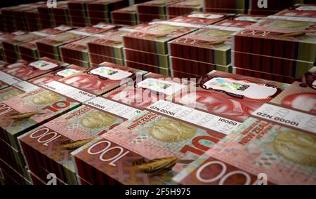 Illustrazione 3d del Money Pack del New Zealand Dollar. 100 pile di banconote NZD. Concetto di finanza, contanti, crisi economica, successo di affari, recessione, Foto Stock