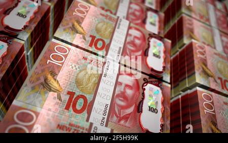 Illustrazione 3d del Money Pack del New Zealand Dollar. 100 pile di banconote NZD. Concetto di finanza, contanti, crisi economica, successo di affari, recessione, Foto Stock