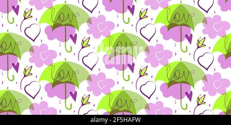 Ombrello vettoriale, motivo senza giunture nuvole, concetto d'amore, testo con lettere a mano, forme trasparenti nei colori verde calce, lilla Illustrazione Vettoriale