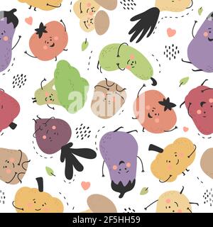 Verdure felici disegnate a mano carine. Stile doodle cartoon. Personaggi divertenti. Colorata stampa estiva infantile. Pomodoro, cetriolo, pepe dolce, broccoli Illustrazione Vettoriale