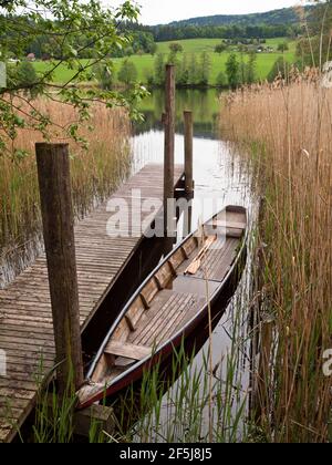 Vecchia canoa legata al molo di Puschacherteich, uno dei tre laghi dello Yspertal, bassa Austria. Foto Stock