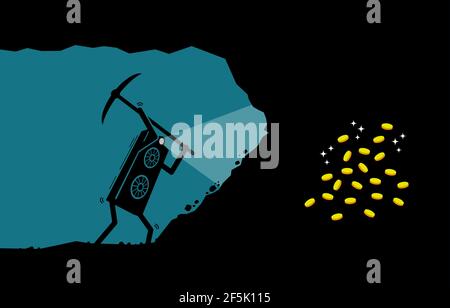 Scheda grafica o addetto alla GPU che estraggono moneta o denaro digitale a criptovaluta presso il sito minerario. Illustrazione vettoriale clip art concetto di estrazione della valuta criptata Illustrazione Vettoriale