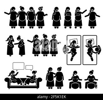 Gruppo di madre incinta e amici insieme. Illustrazione vettoriale bastone figura di donne felici che si sostengono l'un l'altro durante la gravidanza. Sono relax e. Illustrazione Vettoriale