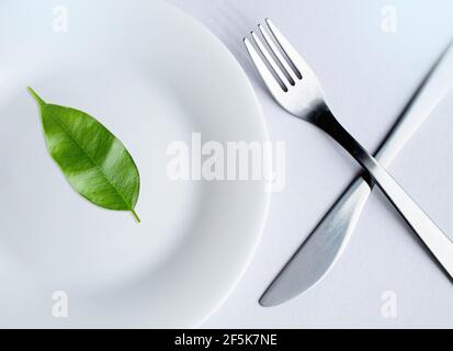 Scritta vegana fatta da foglie su un piatto. Le lettere sono composte da foglie ripiegate nella parola vegan. Cibo sano e sano. Foo vegetariano Foto Stock
