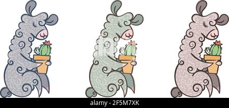 Set di simpatici alpaca ricci con cactus in fiore in una pentola di argilla. Illustrazione con bordo per colorare le pagine, bambini e stampe per adulti, acquazzone del bambino Illustrazione Vettoriale