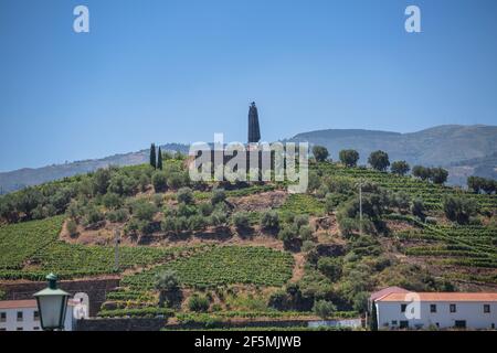 Regua / Portogallo - 07 25 2019 : Vista sul paesaggio tipico delle alture nel nord del Portogallo, livelli per l'agricoltura del vigneto Porto Foto Stock