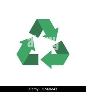 Simbolo verde triangolare di riciclaggio ecologico. Vettore icona di riciclaggio utilizzo rifiuti. Realizzato in materiali riciclabili, cartello di imballaggio. Illustrazione eps vettoriale isolata su sfondo bianco Illustrazione Vettoriale