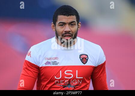 Leeds, Regno Unito. 26 Marzo 2021. Kallum Watkins (3) di Salford Red Devils durante il riscaldamento pre-partita a Leeds, Regno Unito, il 26/2021. (Foto di Mark Cosgrove/News Images/Sipa USA) Credit: Sipa USA/Alamy Live News Foto Stock