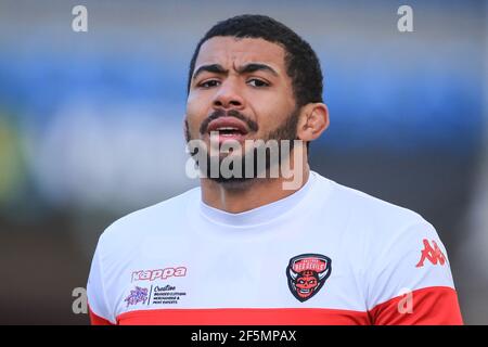 Leeds, Regno Unito. 26 Marzo 2021. Kallum Watkins (3) di Salford Red Devils durante il riscaldamento pre-partita a Leeds, Regno Unito, il 26/2021. (Foto di Mark Cosgrove/News Images/Sipa USA) Credit: Sipa USA/Alamy Live News Foto Stock