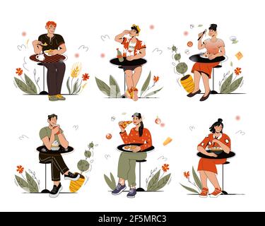 Insieme di personaggi isolati di persone che si siedono a tavola e mangiano vari alimenti, illustrazione vettoriale isolato su sfondo bianco. Visitatori ad un veloce fo Illustrazione Vettoriale
