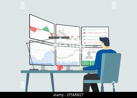 Commerciante del mercato azionario sul posto di lavoro che guarda gli schermi multipli del calcolatore con grafici finanziari, diagrammi e grafici. Concetto di analisi dell'indice aziendale. Illustrazione eps del vettore di scambio di broker Illustrazione Vettoriale