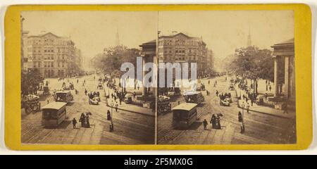 Park Row, da Tryon Row, il City Hall Park sulla destra - che mostra il Times Building, e una vista distante della Chiesa di San Paolo. Edward e Henry T. Anthony & Co. (Americano, fondato nel 1862, fuso nel 1902) Foto Stock