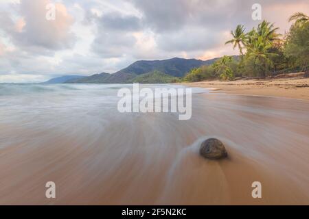 Una roccia solita su una idilliaca spiaggia di sabbia tropicale di Thala vicino a Oak Beach all'alba o al tramonto fuori di Port Douglas e Daintree in Queensland, Austral Foto Stock