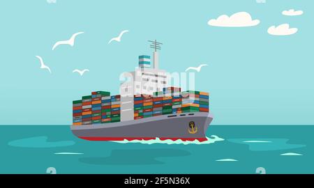 Nave del contenitore del carico asciutto nell'oceano. Stile cartoon piatto. Illustrazione vettoriale Foto Stock