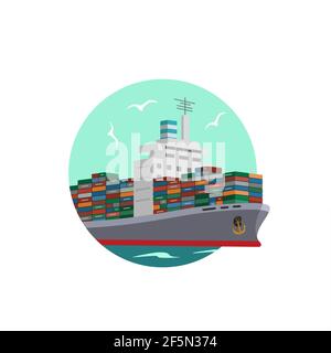 Nave con container per carico a secco. Illustrazione vettoriale. Stile piatto cartoon Foto Stock