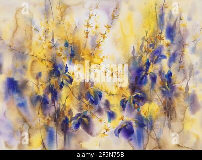 Giallo e violetto primavera fiori sfondo acquerello Foto Stock
