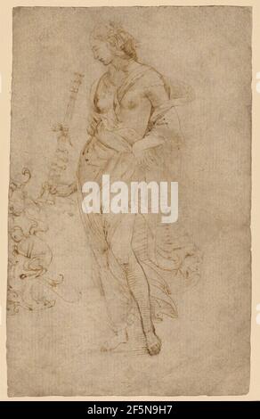 Figura femminile con tibia e Studi ornamentali (recto); Studi ornamentali (verso). Attribuito a Raffaello Sanzio (1483 - 1520) Foto Stock