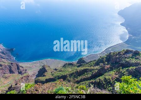 Vista aerea delle spiagge dell'isola di El Hierro da Mirador de Isora, isole Canarie, Spagna. Foto Stock