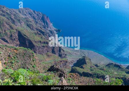 Vista aerea delle spiagge dell'isola di El Hierro da Mirador de Isora, isole Canarie, Spagna. Foto Stock