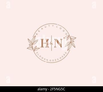 Lettere HN bello floreale femminile modificabile monolina logo prefatto adatto per salone spa pelle capelli bellezza boutique e società cosmetica. Illustrazione Vettoriale