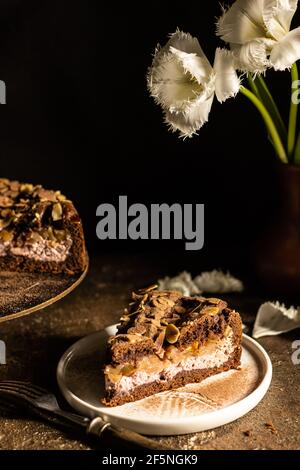 Torta al formaggio di mele su sfondo scuro. Foto Stock