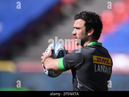 Ashton Gate Stadium, Bristol, Regno Unito. 27 Marzo 2021. Premiership Rugby Union, Bristol Bears contro Harlequins; Martin Landajo di Harlequins riscalda il credito: Action Plus Sports/Alamy Live News Foto Stock