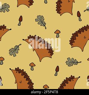 Modello autunnale vettoriale senza cuciture con foglie e riccio su sfondo marrone chiaro. Carino disegno di carta da parati stile cartoon. Illustrazione Vettoriale