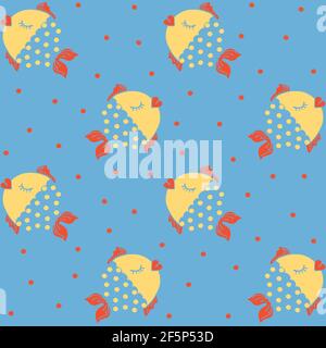 Pattern vettoriale senza giunture con pesci e punti su sfondo blu. Carino baby wallpaper design goldfish. Ideale per docce per bambini. Illustrazione Vettoriale