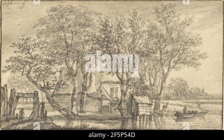 Un cottage nascosto tra gli alberi su una riva del fiume. Adriaen Hendriksz. Verboom (olandese, circa 1628 - circa 1670) Foto Stock