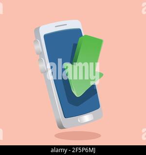freccia rivolta verso il basso davanti allo smartphone. scaricare l'illustrazione del vettore concettuale Illustrazione Vettoriale