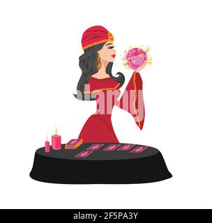 Indovino donna legge il futuro dalla sfera di cristallo Illustrazione Vettoriale